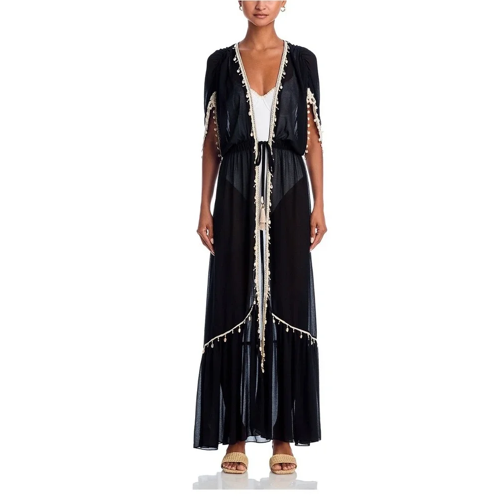 Ramy Brook Nikolai Cover Up Maxi Dress Black Shell Embellished XL NEW